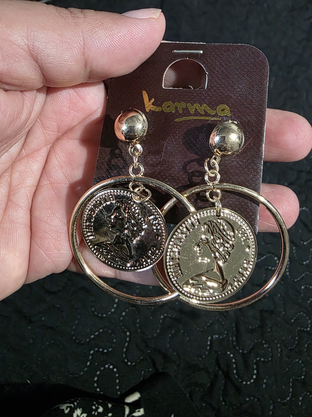 Karma Gold Coin Hoop Drop Earrings